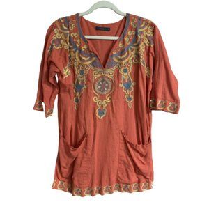 Women's THML Orange 3/4 Sleeve Embroidered Bohemian Cotton Small Blouse EUC